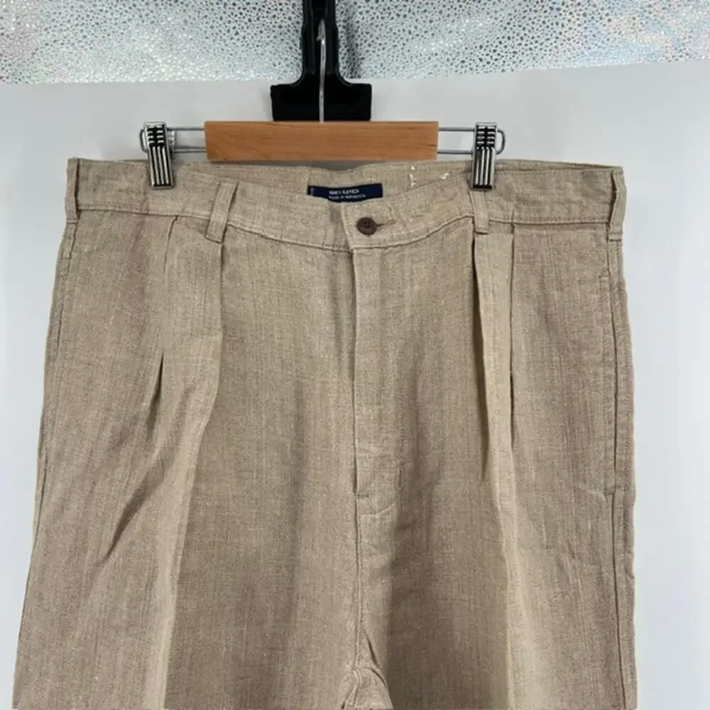CHAPS Ralph Lauren 100% Linen Chino Pants Mens 33x30 Cuffed Tan PreppyBreathable